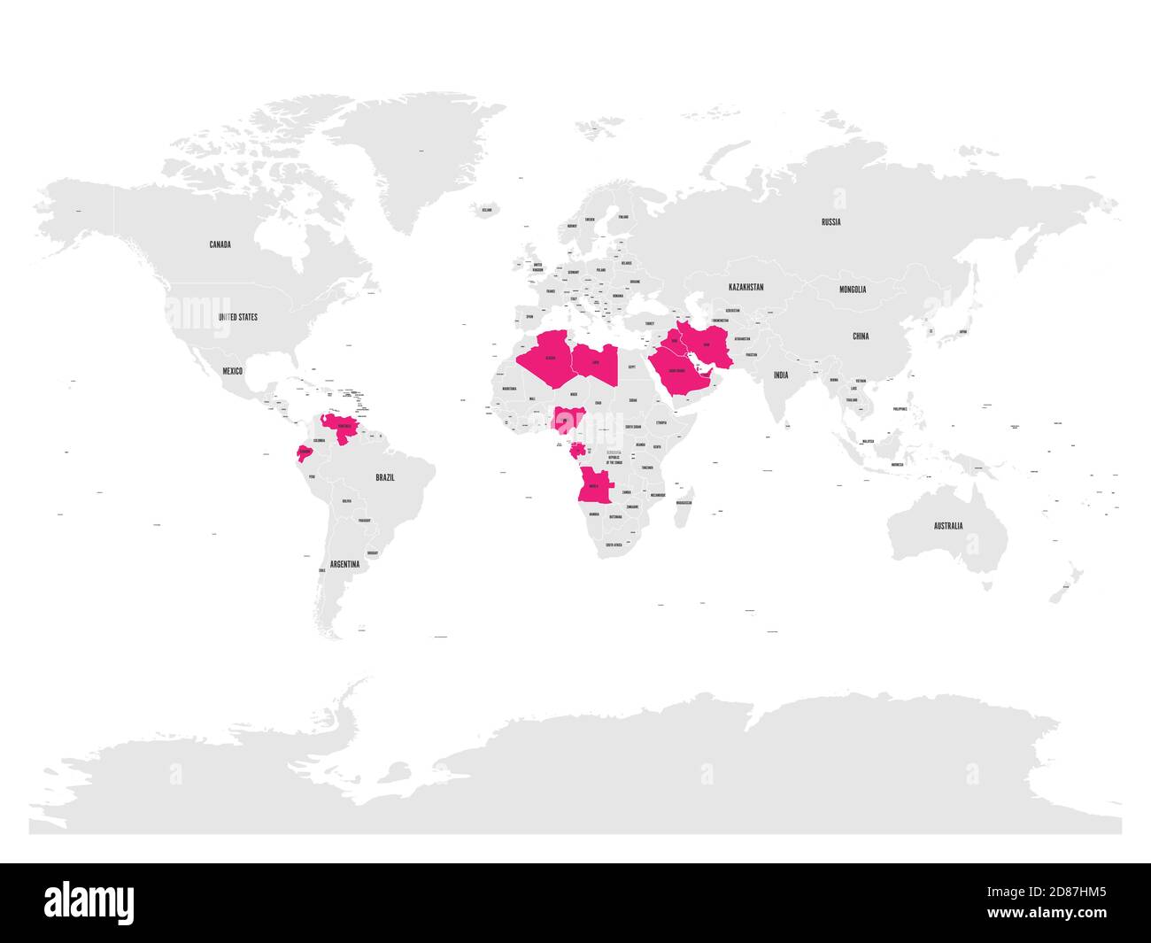 OPEC, Organisation der Erdöl exportierenden Länder. Weltkarte mit rosa hervorgehobenen Mitgliedsstaaten seit 2017. Vektorgrafik. Stock Vektor