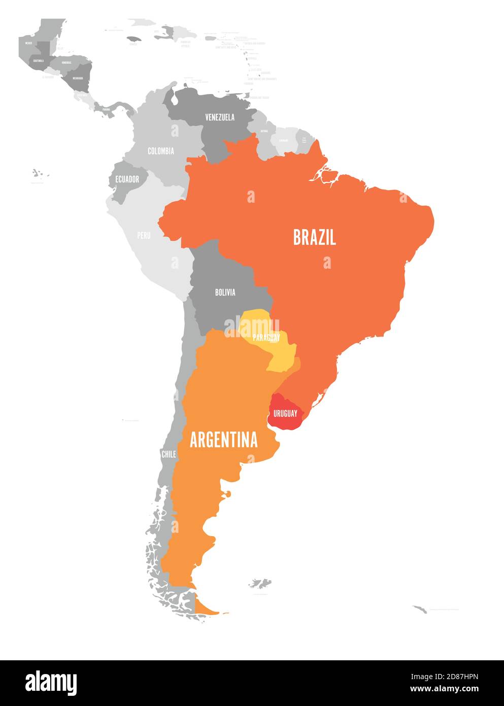 Karte der Regionen DES MERCOSUR. südamerikanischer Handelsverband. Orange hervorgehobene Mitgliedsstaaten Brasilien, Paraguay, Uruguay und Argetina. Seit Dezember 2016. Stock Vektor