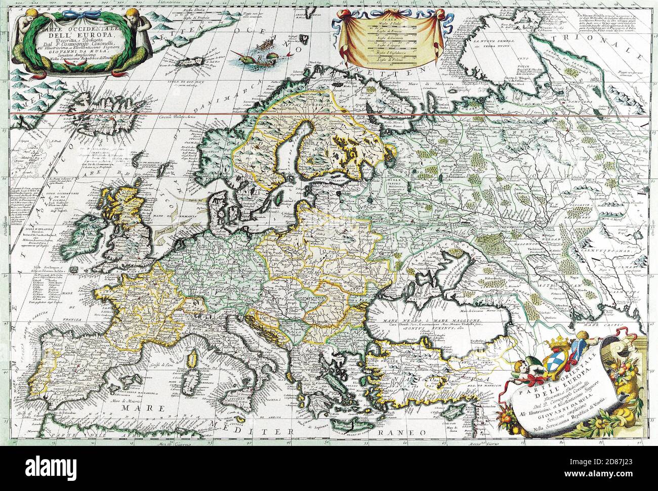Antike Karten der Weltkarte von Europa Vincenzo Coronelli c 1690 Stockfoto
