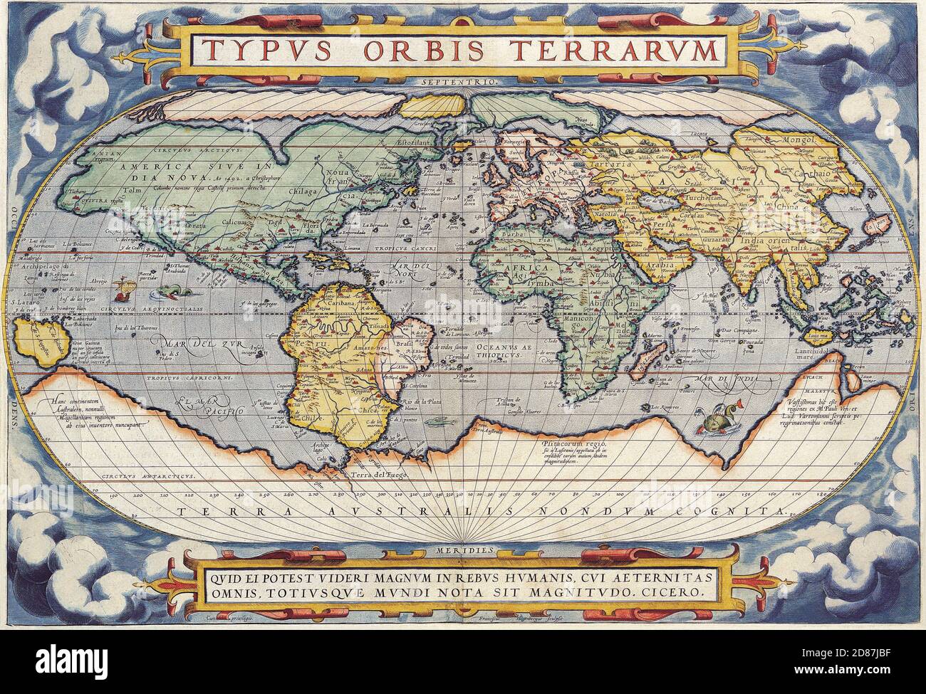 Typ Orbis Terrarum (16. Jahrhundert). Illustrierte alte Weltkarte, Vintage-Stil voller Details. Stockfoto