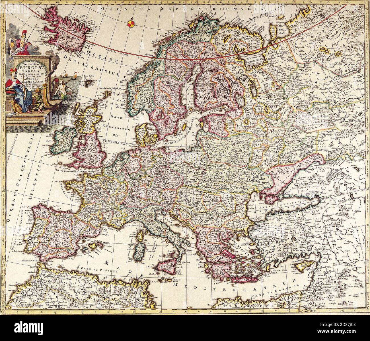 Antike Landkarten der Welt. Karte von Europa. Carl Allard. c 1700 Stockfoto