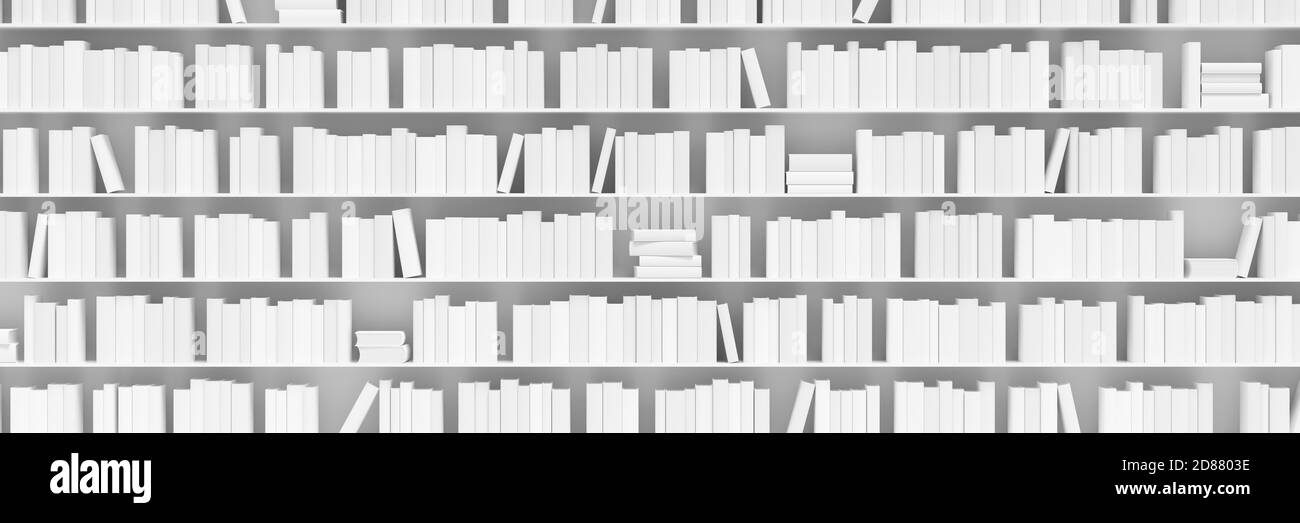 Mehrere Bücherregale mit weißen Büchern, Literatur, Buchsammlung oder Buchhandlung Konzept oder Hintergrund, 3D-Illustration Stockfoto