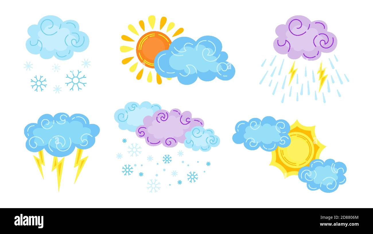 Wetter Cartoon-Set. Niedliche handgezeichnete Sonne und Wolken, Regen oder Schnee, Blitz, bewölkt und Schneeflocke. Symbole für vorhergesagtes Wetter. Meteorologische Infografiken Zeichen. Vektorgrafik Stock Vektor