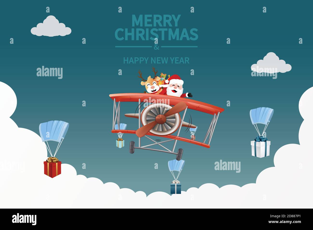 vektor von santa claus Drop weihnachtsgeschenk aus Flugzeug mit Gesichtsmaske als Fallschirm Stockfoto
