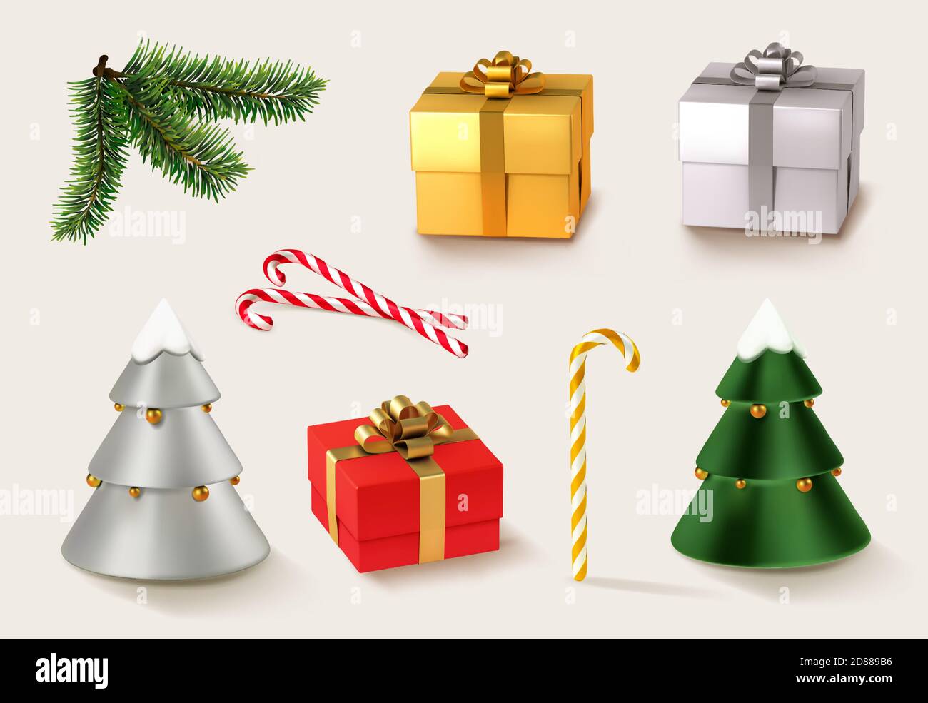 Weihnachten goldene und rote Geschenke mit Weihnachtskaramell und Weihnachtsbaum und Zweige. 3d realistische Vektor-Symbolsatz Stock Vektor