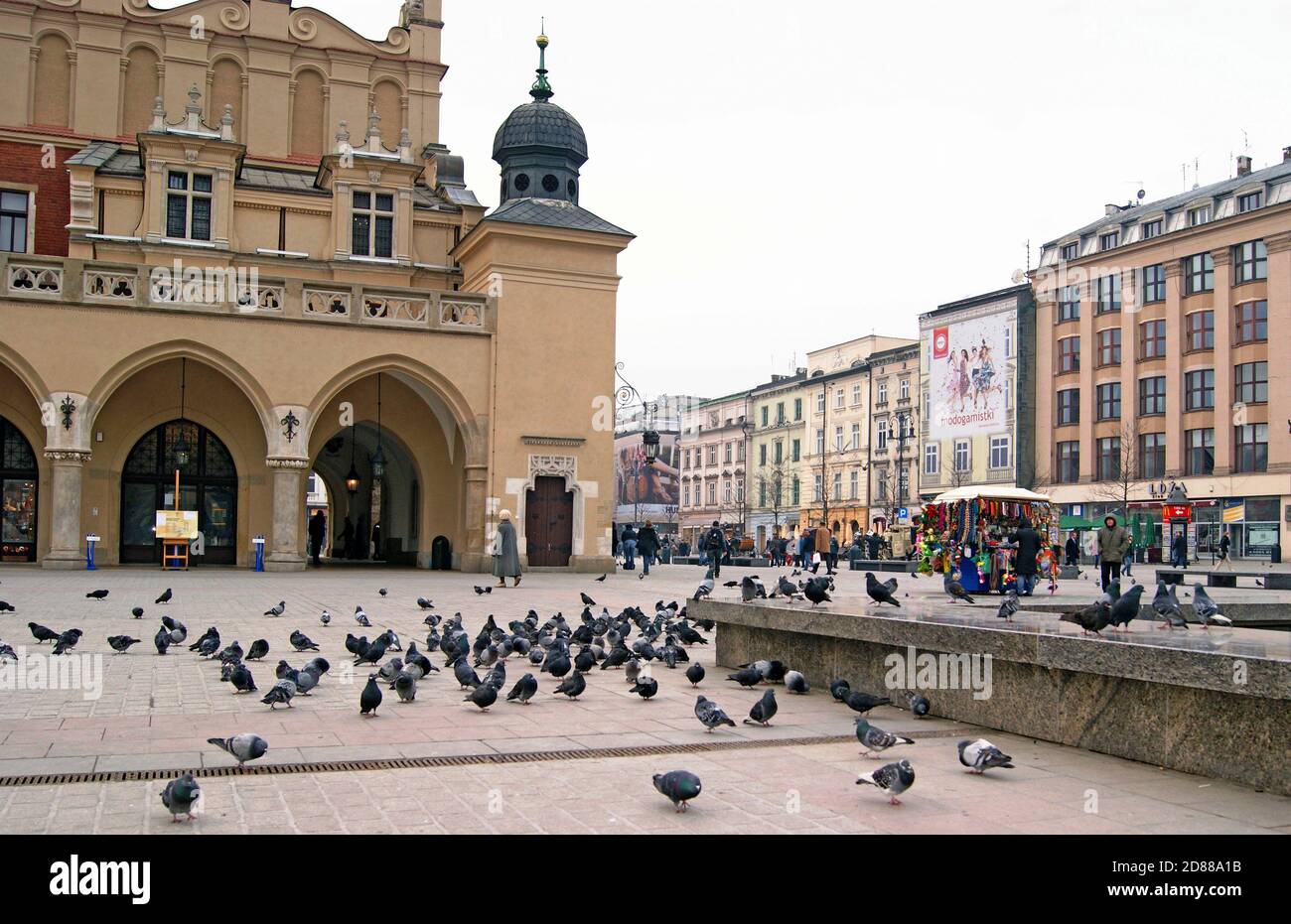 Mehr Tauben als Menschen am frühen Wintermorgen auf dem historischen mittelalterlichen Stadtplatz in der Altstadt von Krakau, Polen. Stockfoto