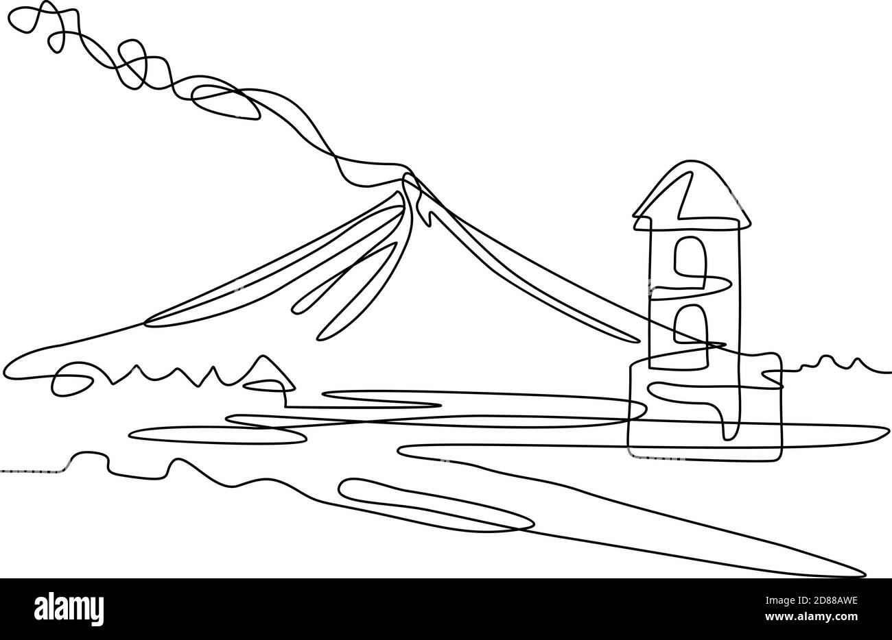 Kontinuierliche Linienzeichnung Illustration des Mayon Vulkans oder Mount Mayon mit Cagsawa Kirche Glockenturm Ruinen, eine heilige und aktive Stratovulkan in Albay, Stock Vektor