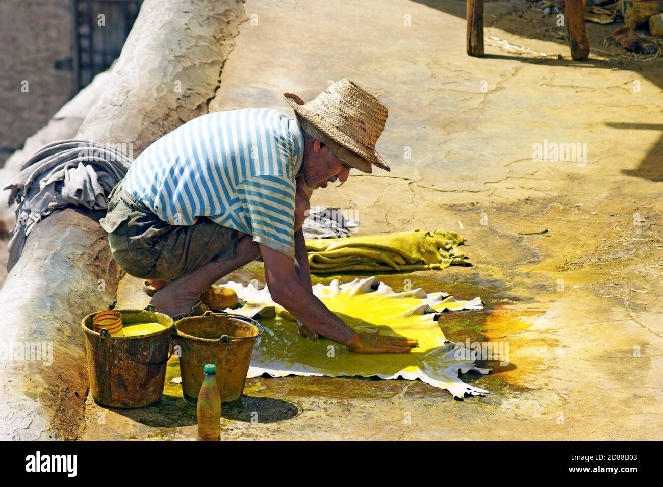 Ein alter marokkanischer Mann färbt Rawhide eine leuchtend gelbe Farbe als Teil des Lederproduktionsprozesses in der Chouara Tannery in Fez, Marokko. Stockfoto
