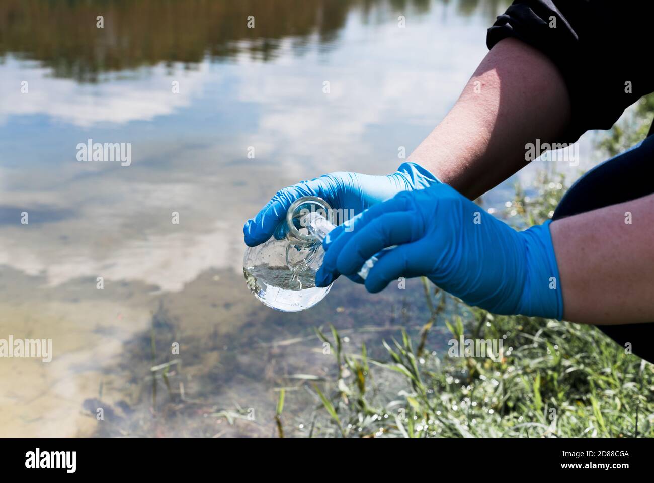 Analyse des Wassers aus dem Fluss auf Verschmutzung. Hand in einem blauen Handschuh hält ein Reagenzglas. Das Konzept der Umweltverschmutzung, Ökologie Stockfoto