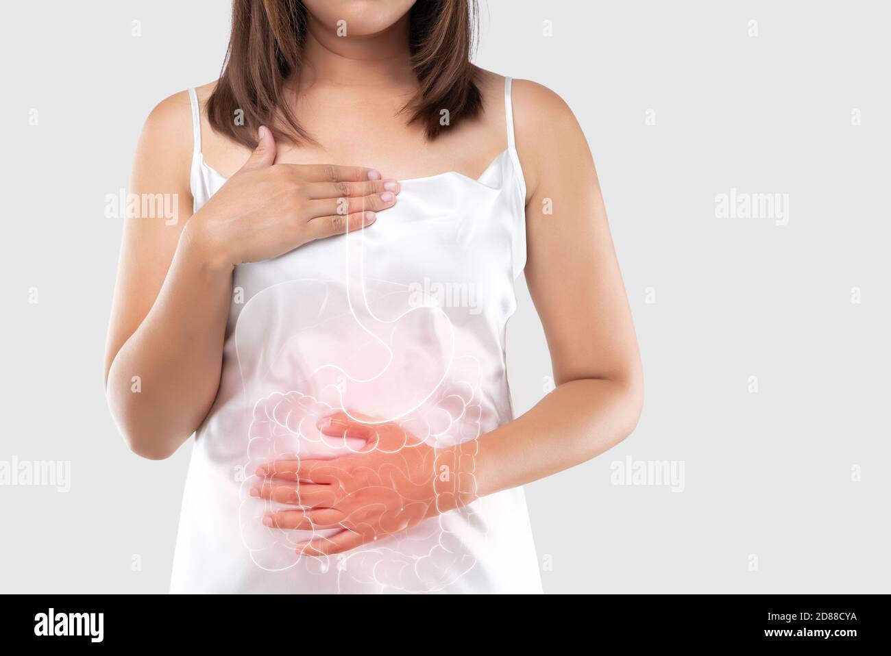 Gastroösophageale Reflux-Krankheit oder saurer Reflux. Darstellung des Darms und der inneren Organe im Körper der Frauen und Raum rechte Seite. Der Koncep Stockfoto