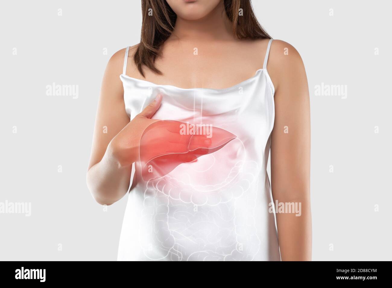Illustration der Leber ist auf dem Körper der Frau, auf einem grauen Hintergrund, Hepatitis, Konzept mit Gesundheitswesen und Medizin Stockfoto