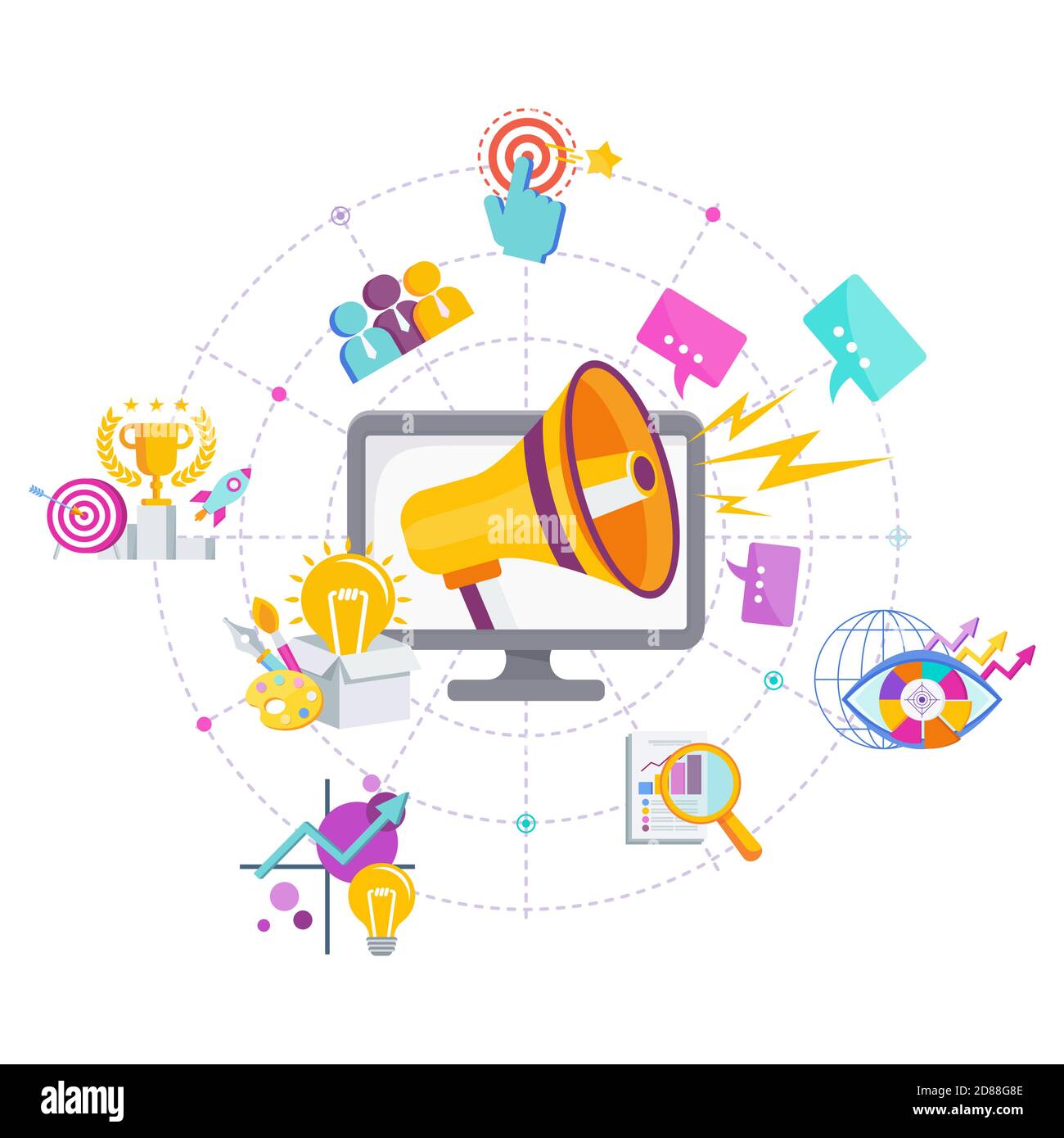 Marketing Square Konzept Banner mit Symbolen. Infografik zum Marketing-Mix Stock Vektor