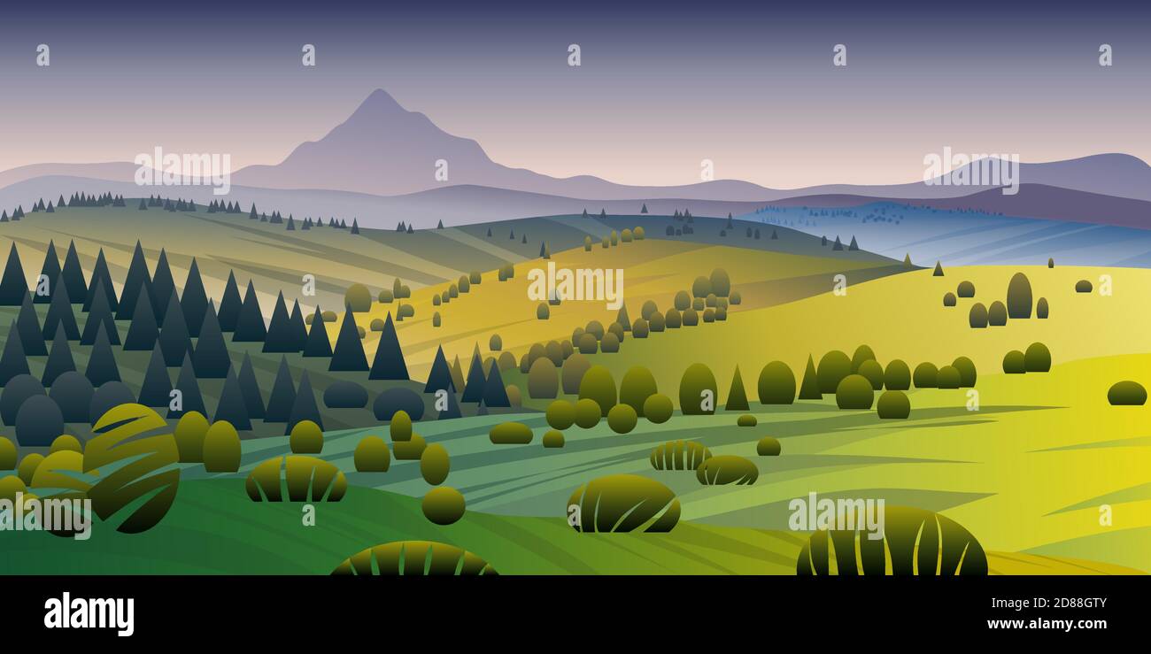 Vektor Hintergrund der schönen Landschaft mit grünen Hügeln, Feldern und Wiesen, Hintergrund in flachen Cartoon-Stil - polygonale Landschaft Illustration. Stock Vektor