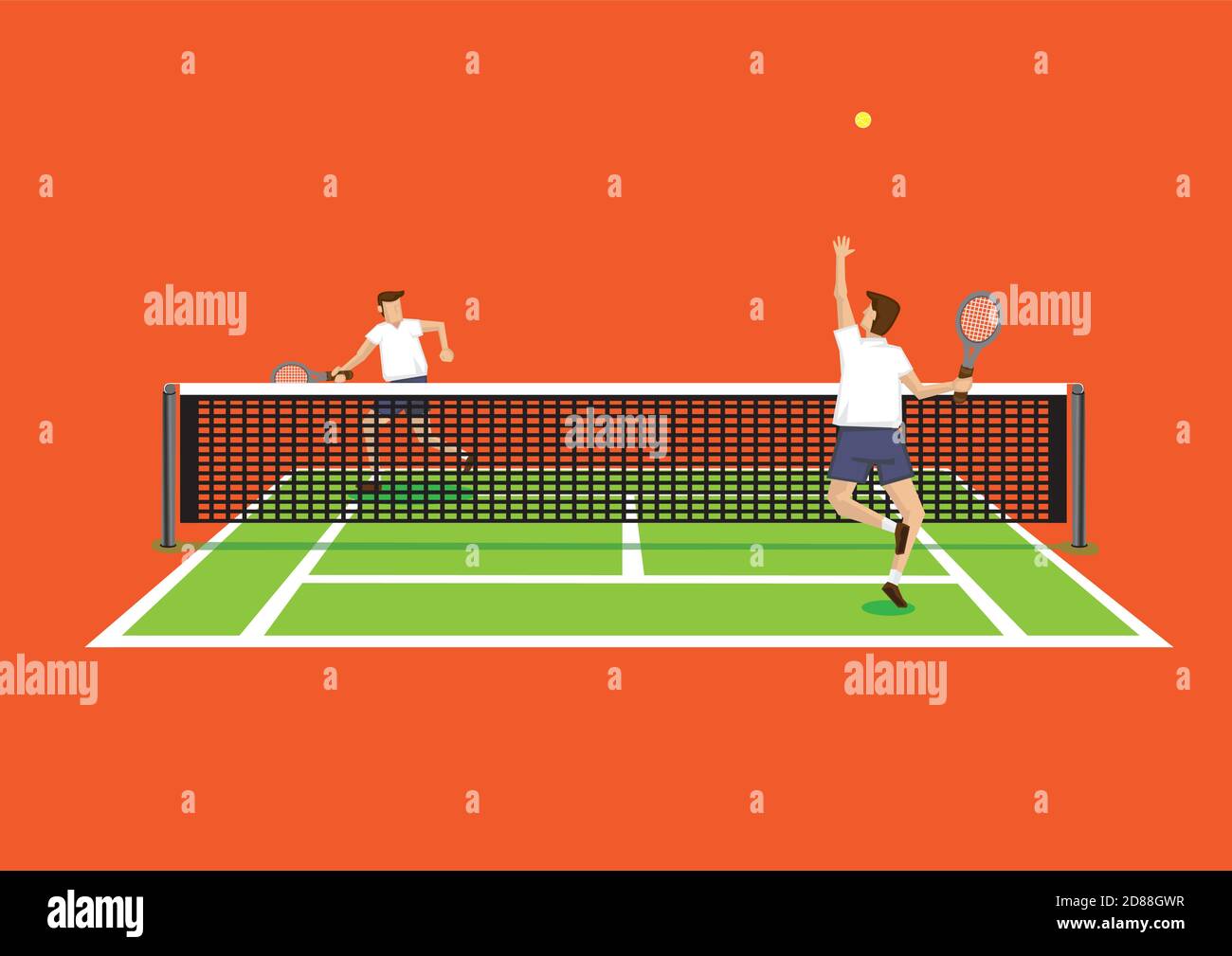 Vektor-Illustration von zwei Tennisspielern auf dem Tennisplatz und einem servierten Tennisball isoliert auf hellorangefarbenem Hintergrund. Stock Vektor