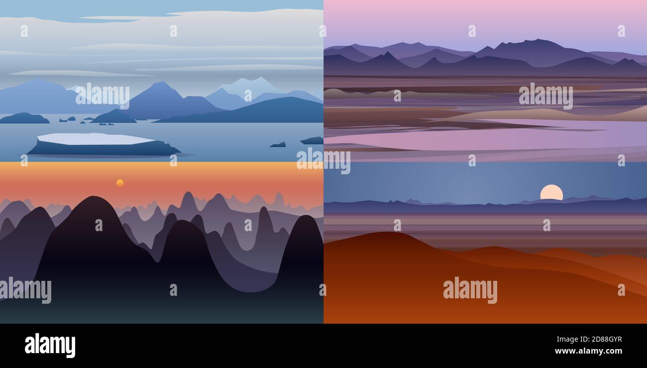 Set aus vier schönen Vektorhintergründen. Landschaft mit Hügeln, Dessert und Abend. Hintergrund in flachen Cartoon-Stil - polygonale Landschaft illustrati Stock Vektor