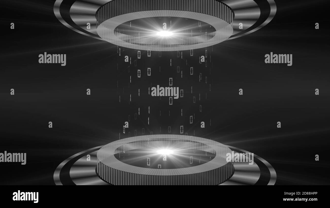 HUD Elemente in grau auf dunklem Hintergrund - Lichtstrahl In Zylinderform mit schwebenden Ziffern des Binärcodes - futuristisches digitales Technologiekonzept Stockfoto