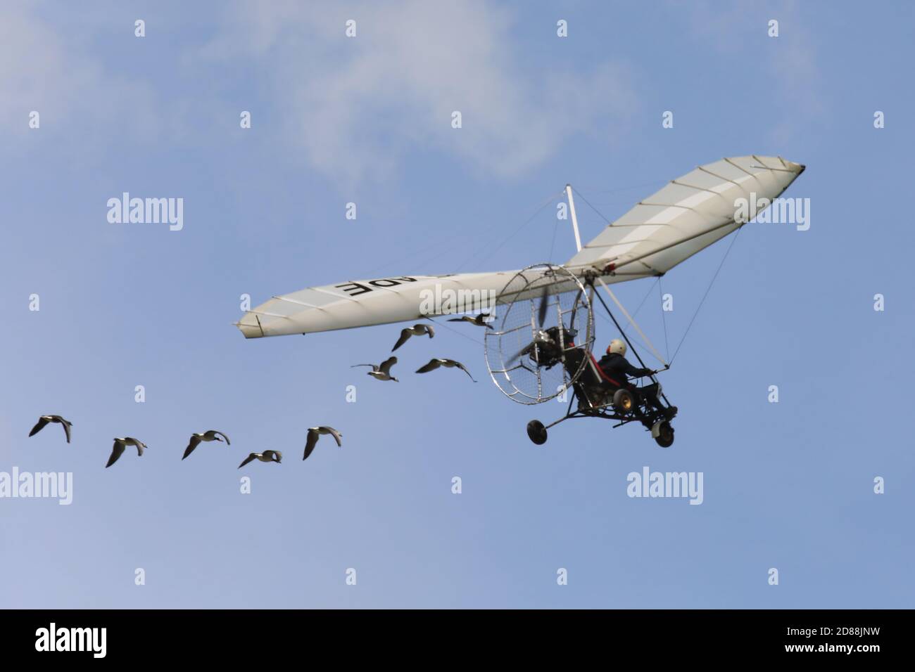 Mollis, Kanton Glarus (GL)/ Schweiz - August 16 2019: Flugschau von Christian Moullec, mit Ultraleichtflugzeugen begleitet von der Seegans Stockfoto