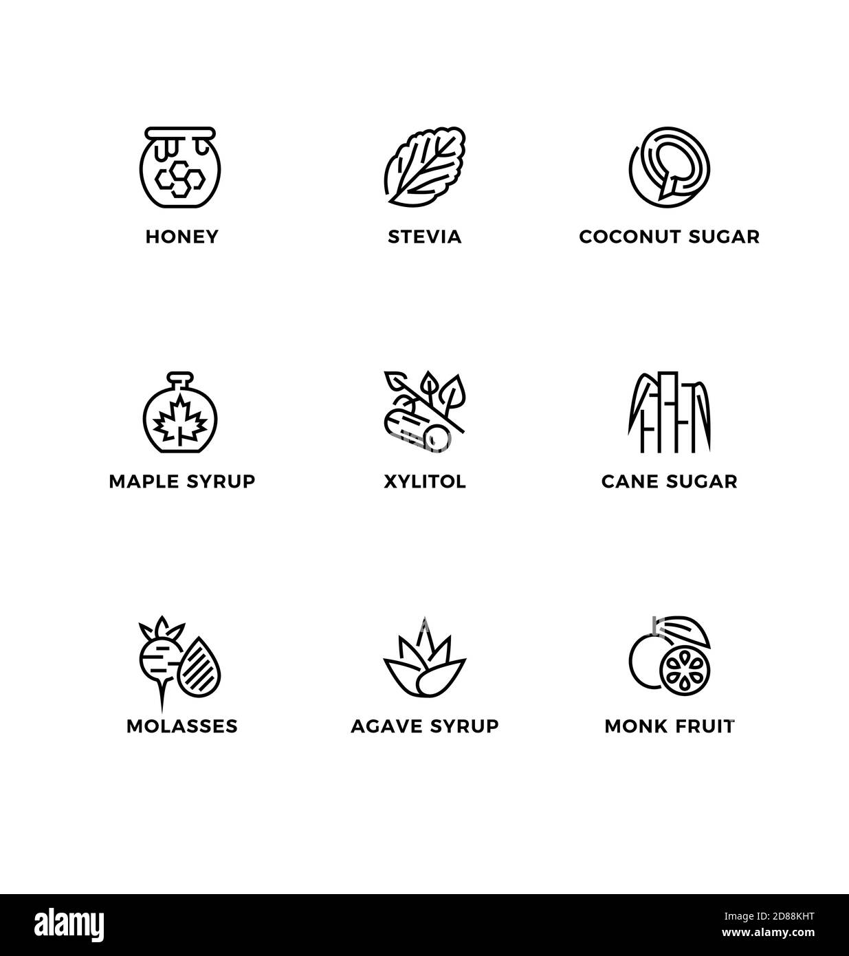 Vektor-Set von Design-Elementen, Logo-Design-Vorlage, Symbole und Abzeichen für Zucker Alternativen, gesunde Lebensmittel, natürliche Substitute. Zeilensymbol gesetzt, editiertab Stock Vektor