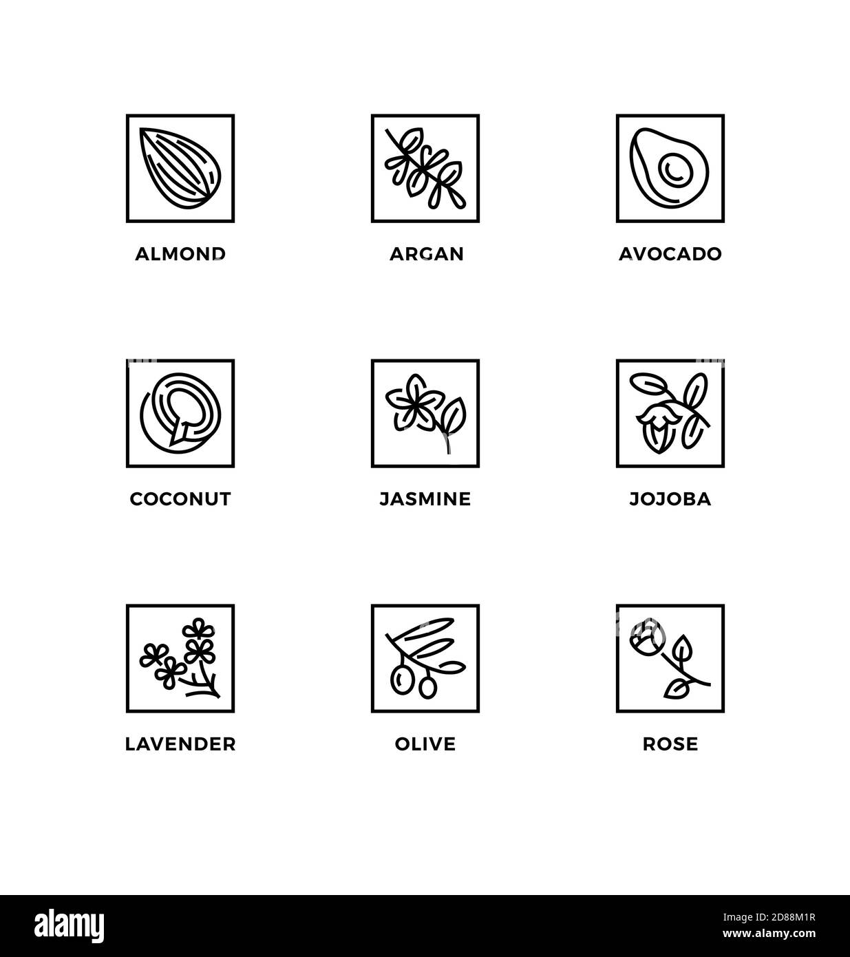 Vektor-Set von Design-Elementen, Logo-Design-Vorlage, Symbole und Abzeichen für gesunde Speiseöle zum Kochen oder für Biokosmetik. Liniensymbole eingestellt, editierbar Stock Vektor