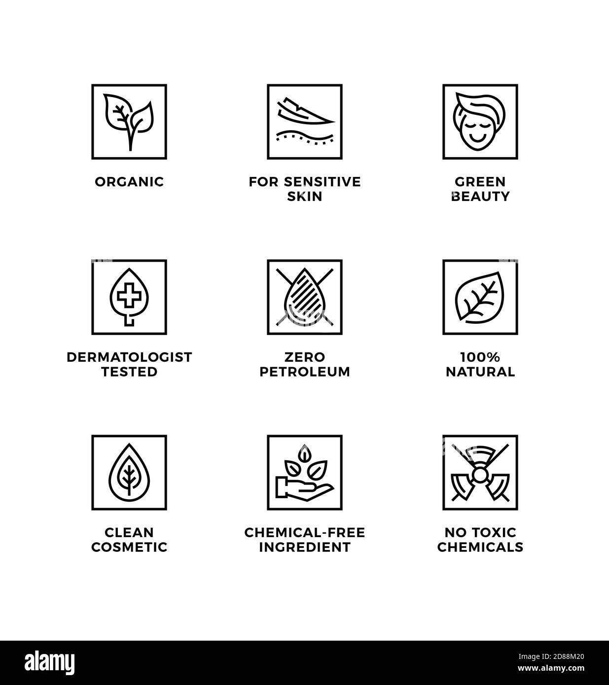 Vektor-Set von Design-Elementen, Logo-Design-Vorlage, Icons und Abzeichen für natürliche und organische Kosmetik. Liniensymbole gesetzt, bearbeitbare Kontur. Stock Vektor