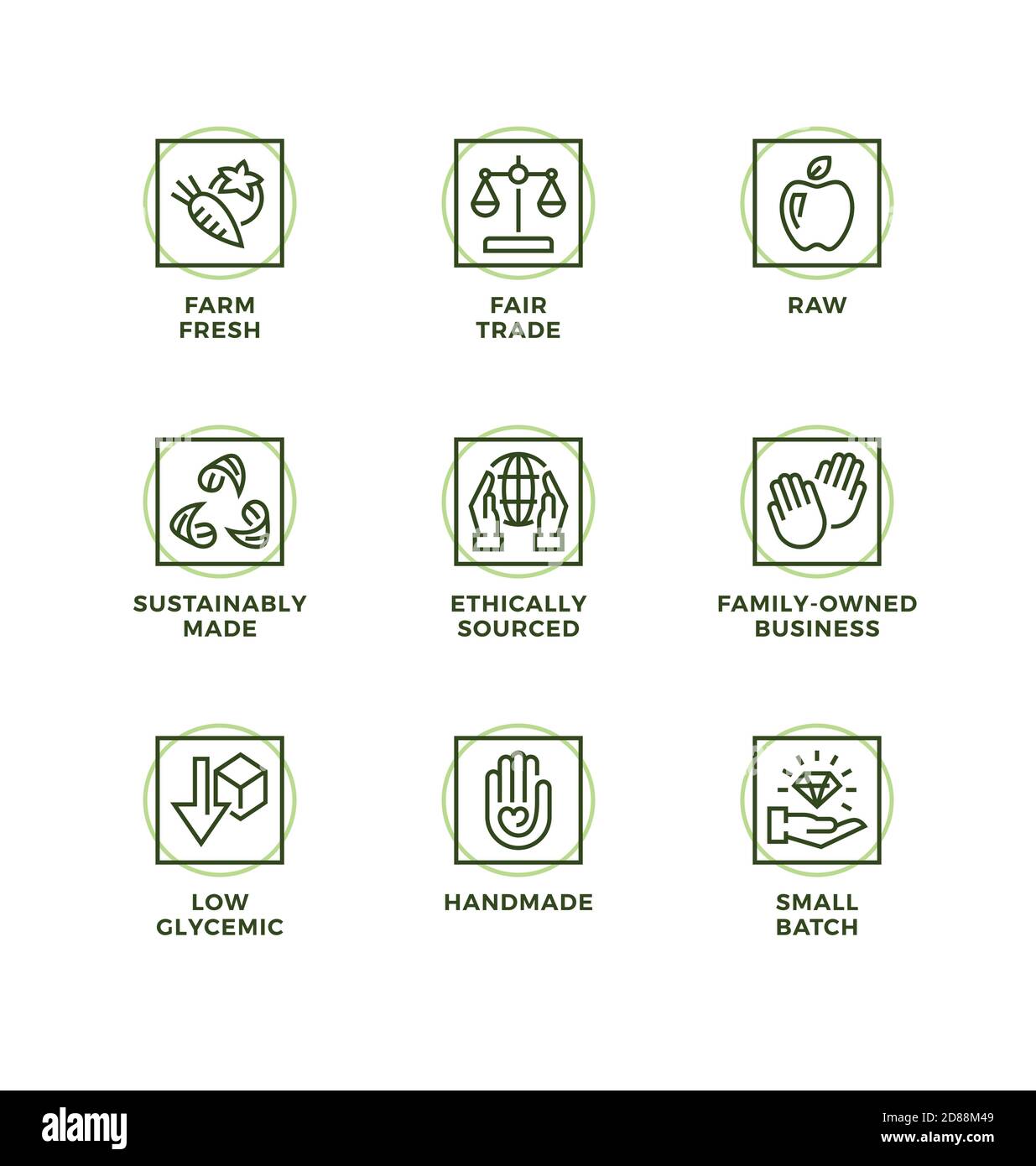 Vektor-Set von Design-Elementen, Logo-Design-Vorlage, Icons und Abzeichen für natürliche und organische Kosmetik und Produkt. Handgemacht, Fair Trade, Raw, Ethical Stock Vektor