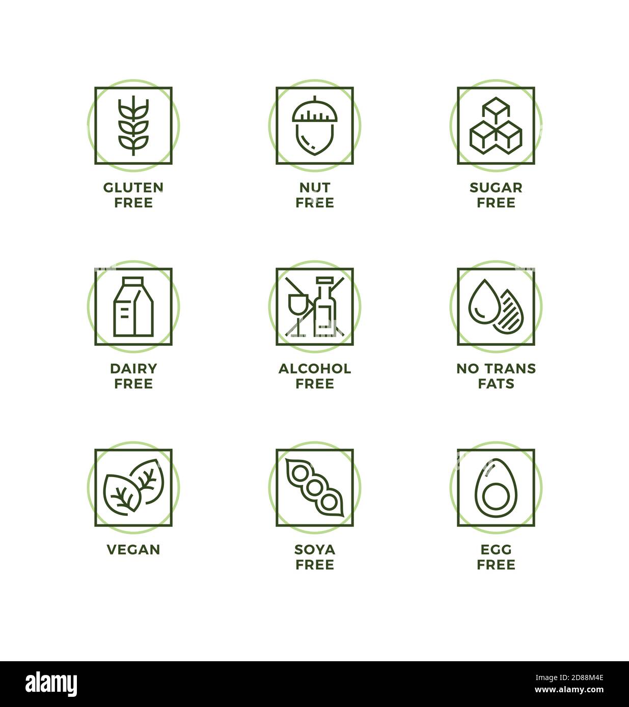 Vektor-Set von Design-Elementen, Logo-Design-Vorlage, Symbole und Abzeichen für gesunde Lebensmittel Verpackung ohne Allergene. Liniensymbole gesetzt, bearbeitbare Kontur. Stock Vektor