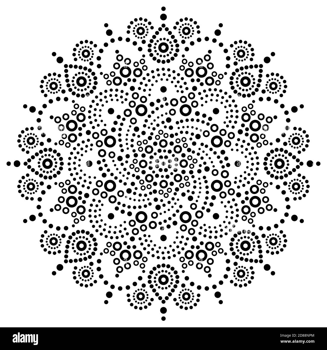 Aborigines Bohemian Dot Painting Mandala Vektor-Muster, Australian Dot Art Ornament in schwarz auf weiß Stock Vektor
