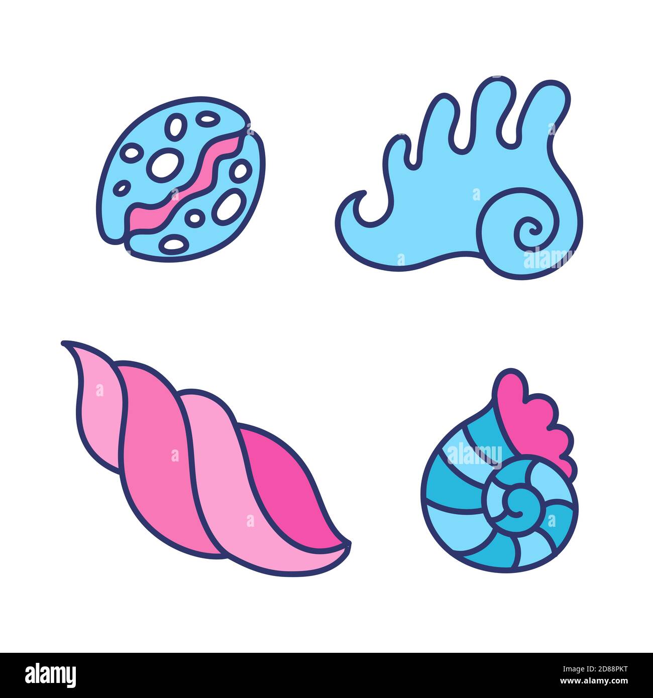 Verschiedene Schalen im naiven Stil - isolierte Vektoren. Vier Muscheln, Cartoon einfache Zeichnungen. Isolierte Vektor-Design-Elemente in kindischem Stil Stock Vektor