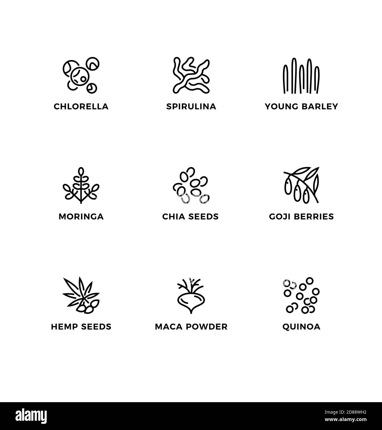 Vektor-Set von Design-Elementen, Logo-Design-Vorlage, Symbole und Abzeichen für gesunde Lebensmittel, Superfood. Liniensymbole gesetzt, bearbeitbare Kontur. Stock Vektor
