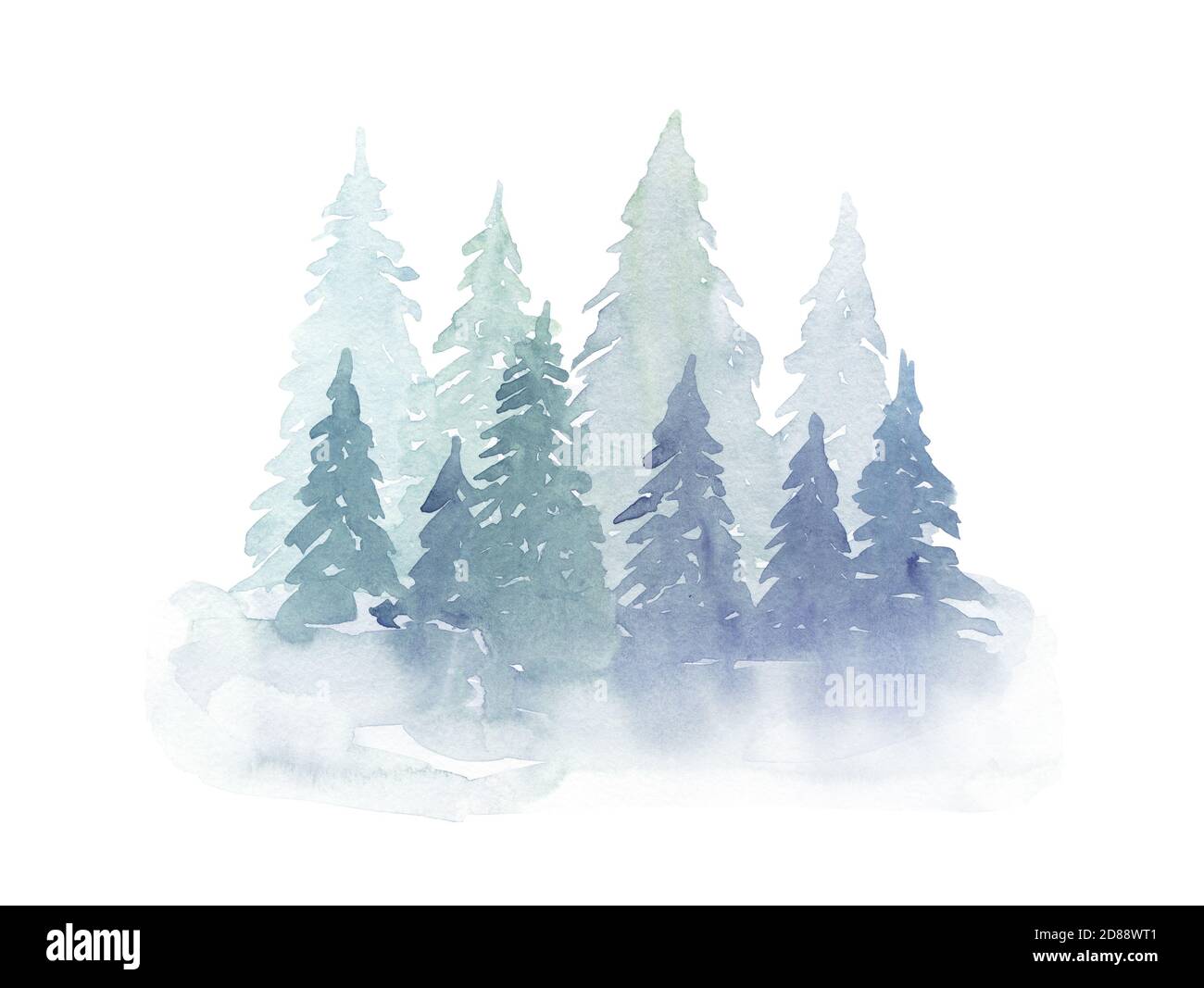Winter Aquarell Tannen im Nebel. Handzeichnung Stockfoto