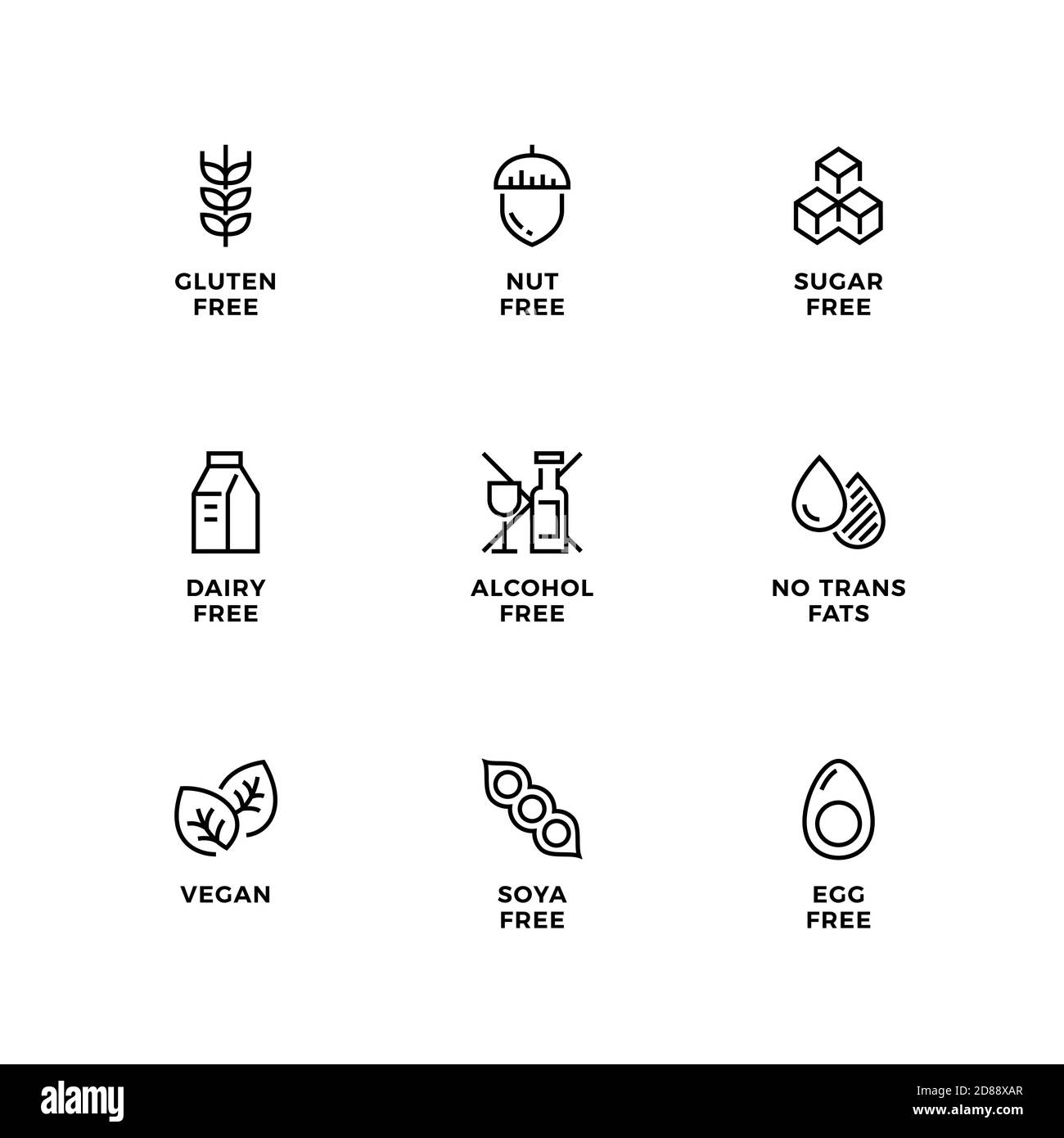 Vektor-Set von Design-Elementen, Logo-Design-Vorlage, Symbole und Abzeichen für gesunde Lebensmittel Verpackung ohne Allergene. Liniensymbole gesetzt, bearbeitbare Kontur. Stock Vektor