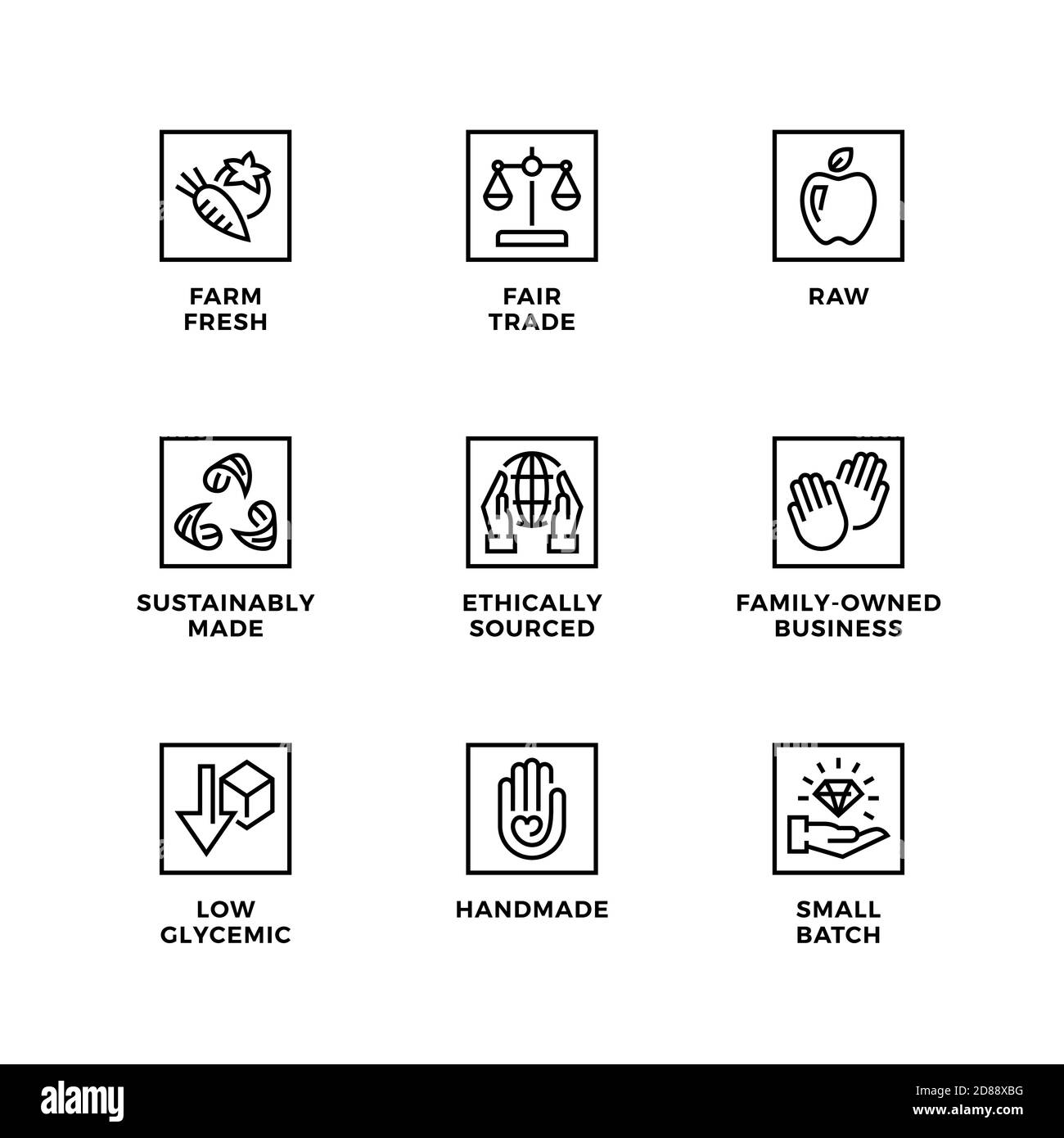 Vektor-Set von Design-Elementen, Logo-Design-Vorlage, Icons und Abzeichen für natürliche und organische Kosmetik und Produkt. Handgemacht, Fair Trade, Raw, Ethical Stock Vektor