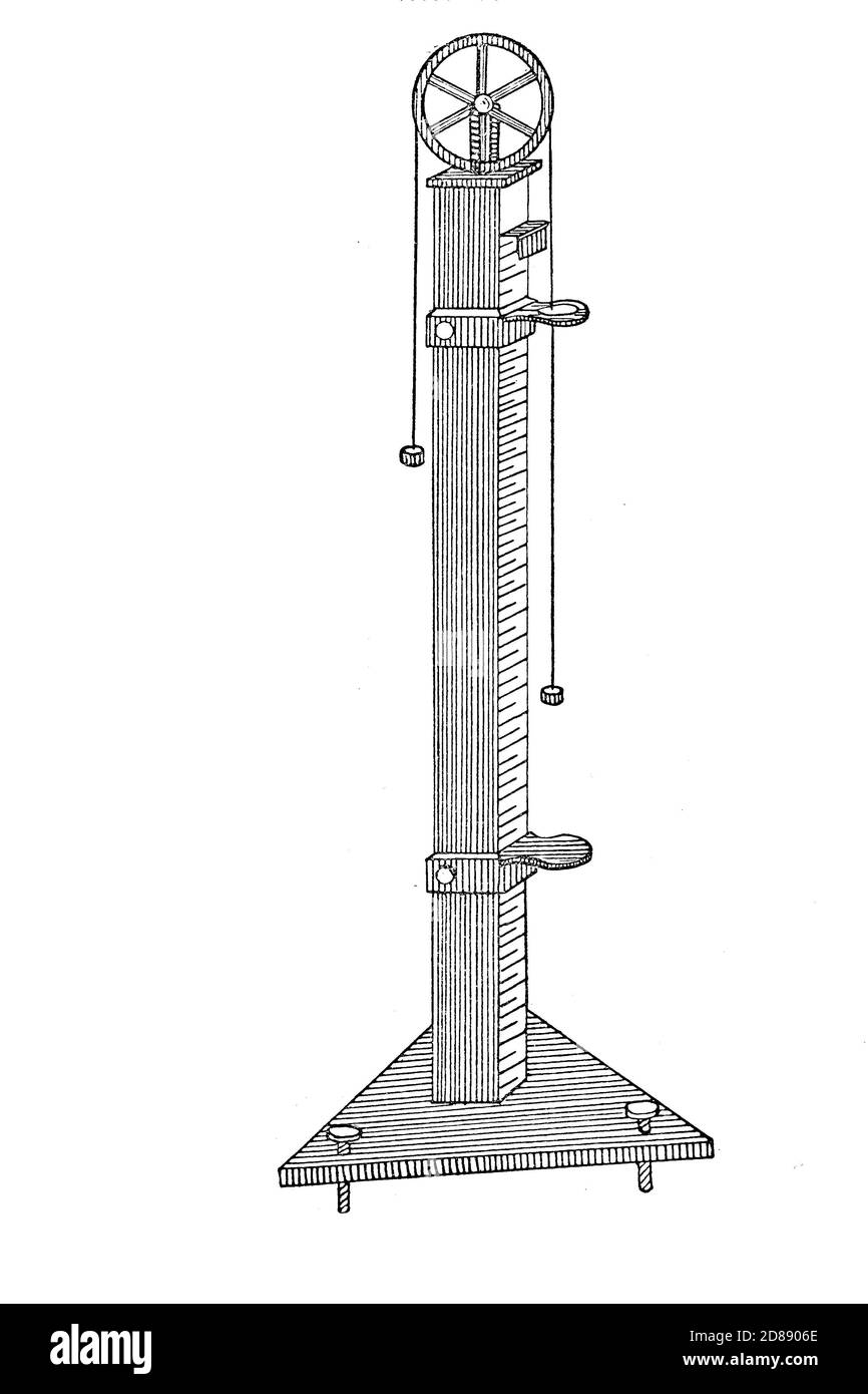 Die Atwood-Maschine, oder Atwood-Maschine, wurde 1784 von dem englischen Mathematiker George Atwood als Laborexperiment erfunden, um die mechanischen Bewegungsgesetze mit konstanter Beschleunigung zu verifizieren / die atwoodsche Fallmaschine wurde 1784 von George Atwood entwickelt. Sie wurde als Nachweis für die Gesetze der gleichmässigen beschwerdeunigen Bewegung konzipiert, historisch, historisch, digital verbesserte Reproduktion eines Originals aus dem 19. Jahrhundert / digitale Reproduktion einer Originalvorlage aus dem 19ten Jahrhundert. Jahrhundert Stockfoto