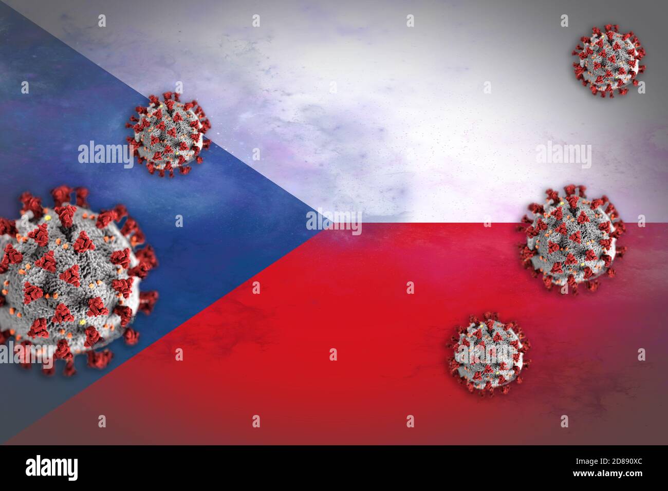 Konzeptdarstellung des Coronavirus oder Covid-19-Partikeln, die die Flagge Tschechiens überschatteten und den Ausbruch symbolisierten. Stockfoto
