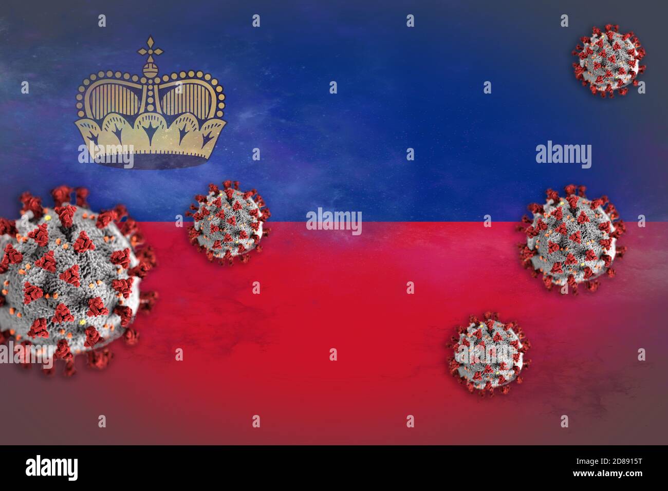 Konzeptdarstellung von Coronavirus oder Covid-19-Partikeln, die die Flagge Lichtensteins überschatteten, die den Ausbruch symbolisieren. Stockfoto
