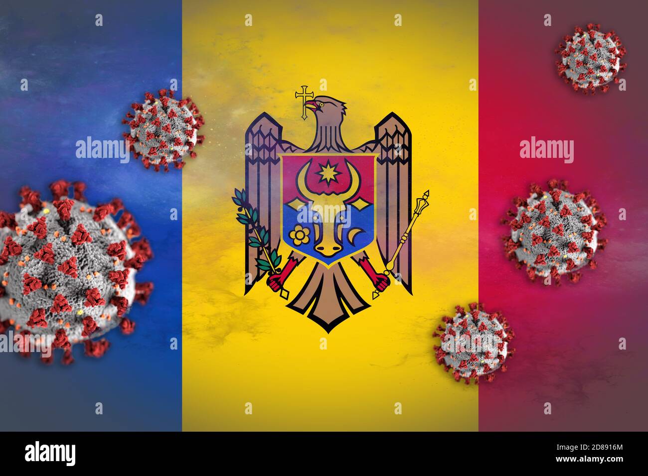 Konzeptdarstellung von Coronavirus oder Covid-19-Partikeln, die die Flagge Moldawiens überschatteten, die den Ausbruch symbolisieren. Stockfoto