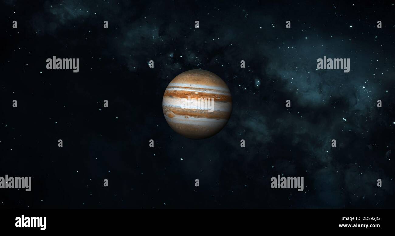 Jupiter-Planet im Weltraum mit bunten Sternennacht. Vorderansicht des Jupiter-Planeten aus dem Weltraum mit schöner Galaxie. 3d-gerenderter Planet. Stockfoto