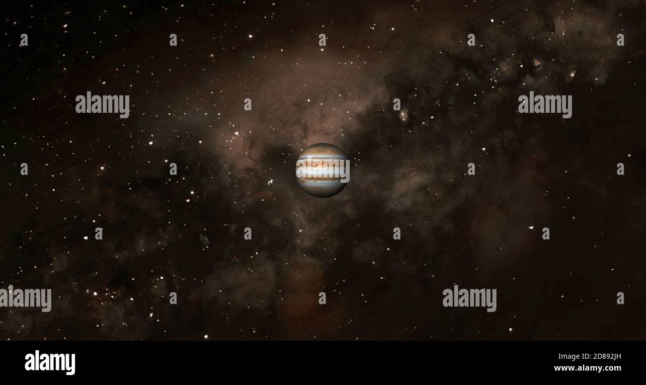 Jupiter-Planet im Weltraum mit bunten Sternennacht. Vorderansicht des Jupiter-Planeten aus dem Weltraum mit schöner Galaxie. 3d-gerenderter Planet. Stockfoto