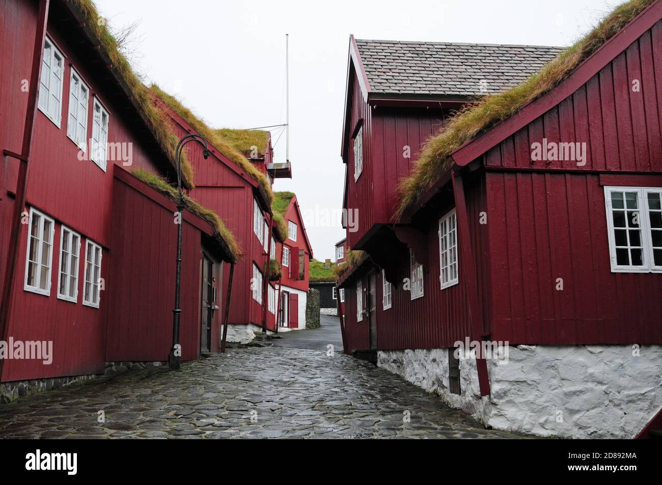 Rasendächer auf den parlamentsgebäuden im Tinganes-Viertel der färöischen Hauptstadt Torshavn. Stockfoto