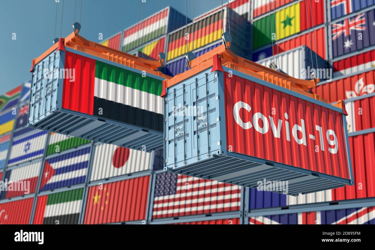 Container mit Coronavirus Covid-19 Text auf der Seite und Container mit Flagge Vereinigte Arabische Emirate. 3D-Rendering Stockfoto