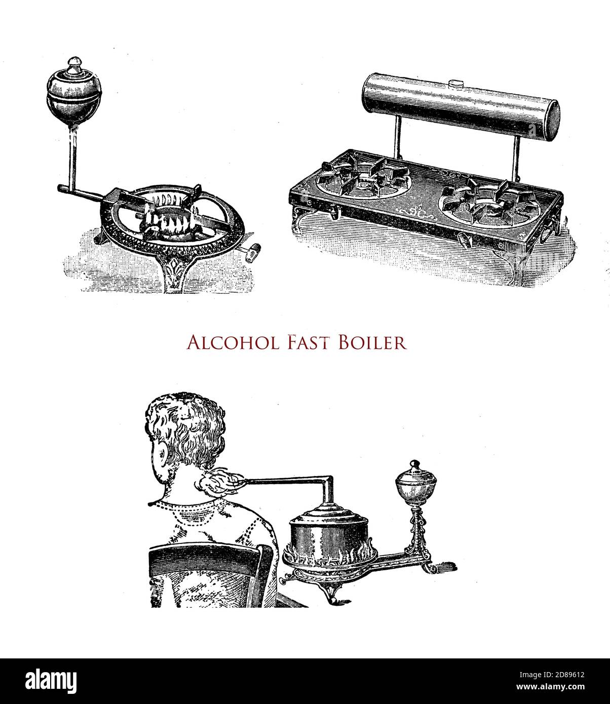 Alkohol-Schnellkessel für die Küche und für therapeutische Anwendung, 19. Jahrhundert Illustration Stockfoto