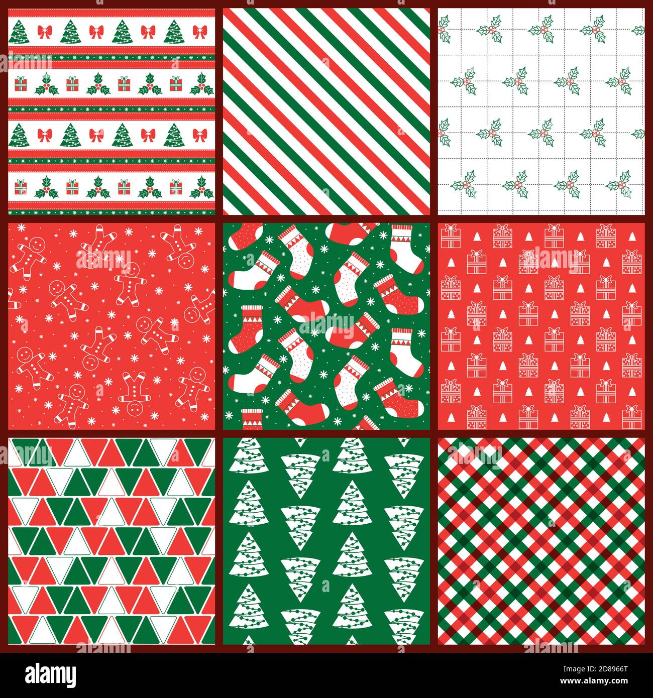 Set von Weihnachten Vektor-Muster, 9 Stück in einem Farbschema. Rot-grüne Farben Stock Vektor