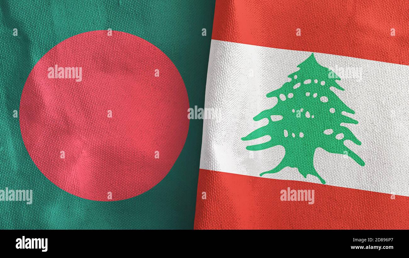 Libanon und Bangladesch zwei Flaggen Textil Stoff 3D-Rendering Stockfoto