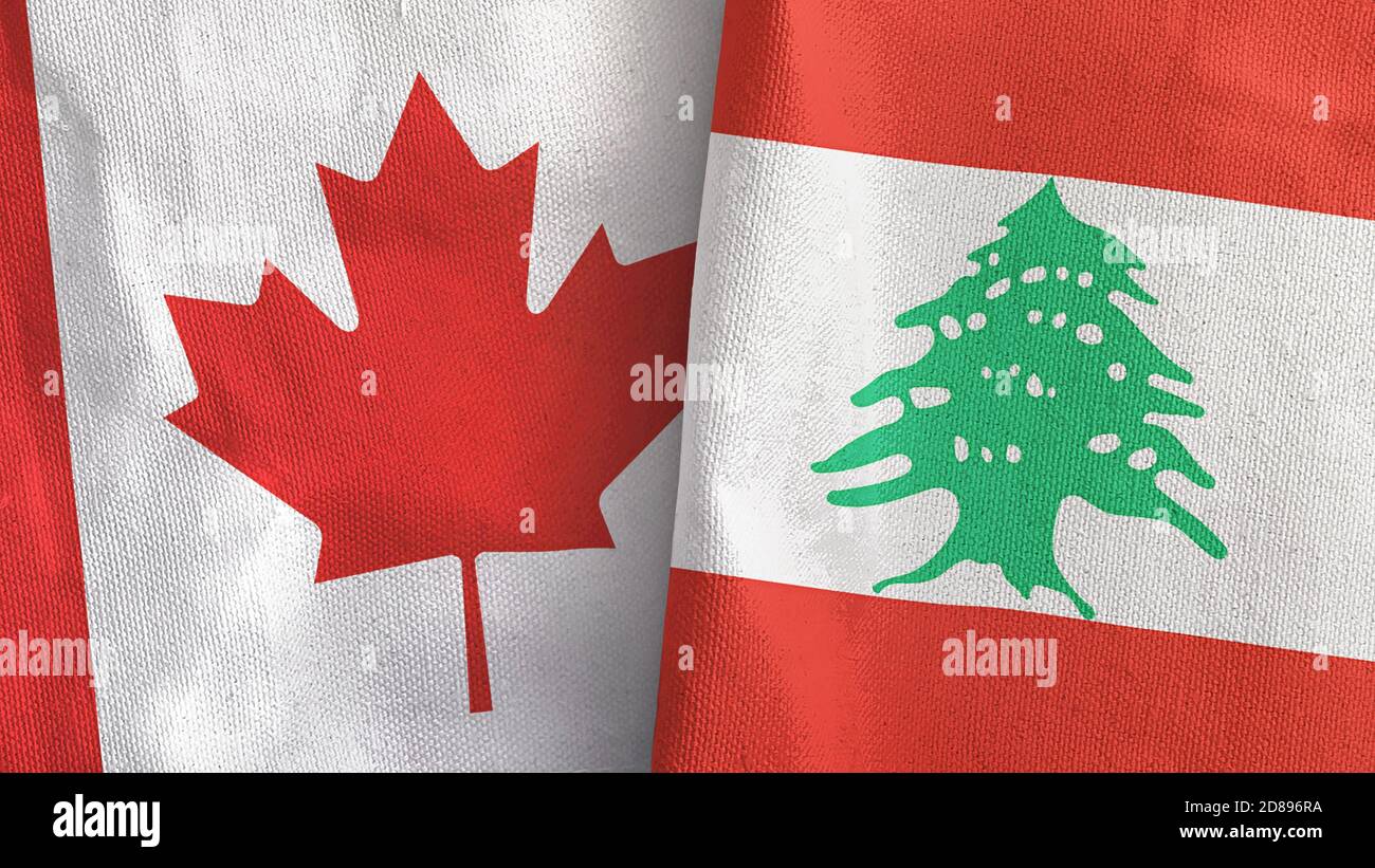Libanon und Kanada zwei Flaggen Textil Stoff 3D-Rendering Stockfoto
