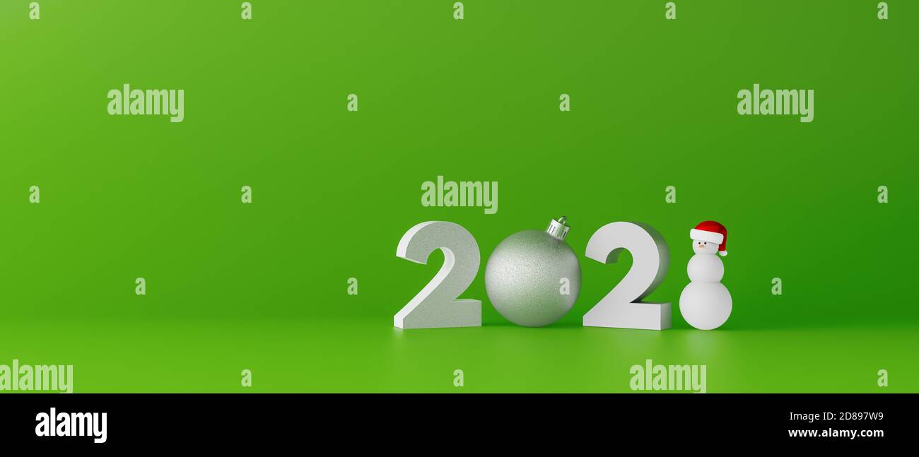 Frohe Weihnachten und ein glückliches neues Jahr 2021 Grußkarte. Grüner Hintergrund mit Kopierraum 3d Rendering 3d-Illustration Stockfoto