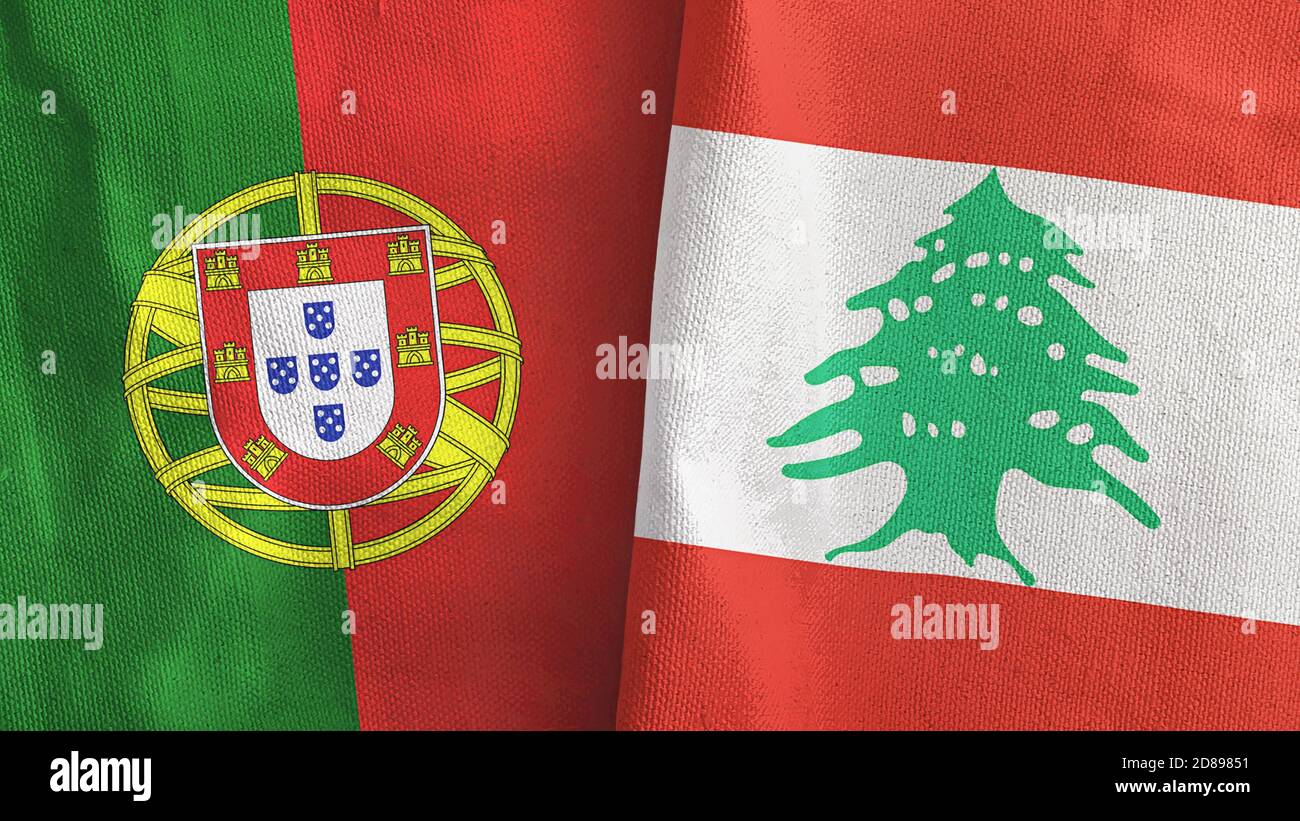 Libanon und Portugal zwei Flaggen Textil Stoff 3D-Rendering Stockfoto