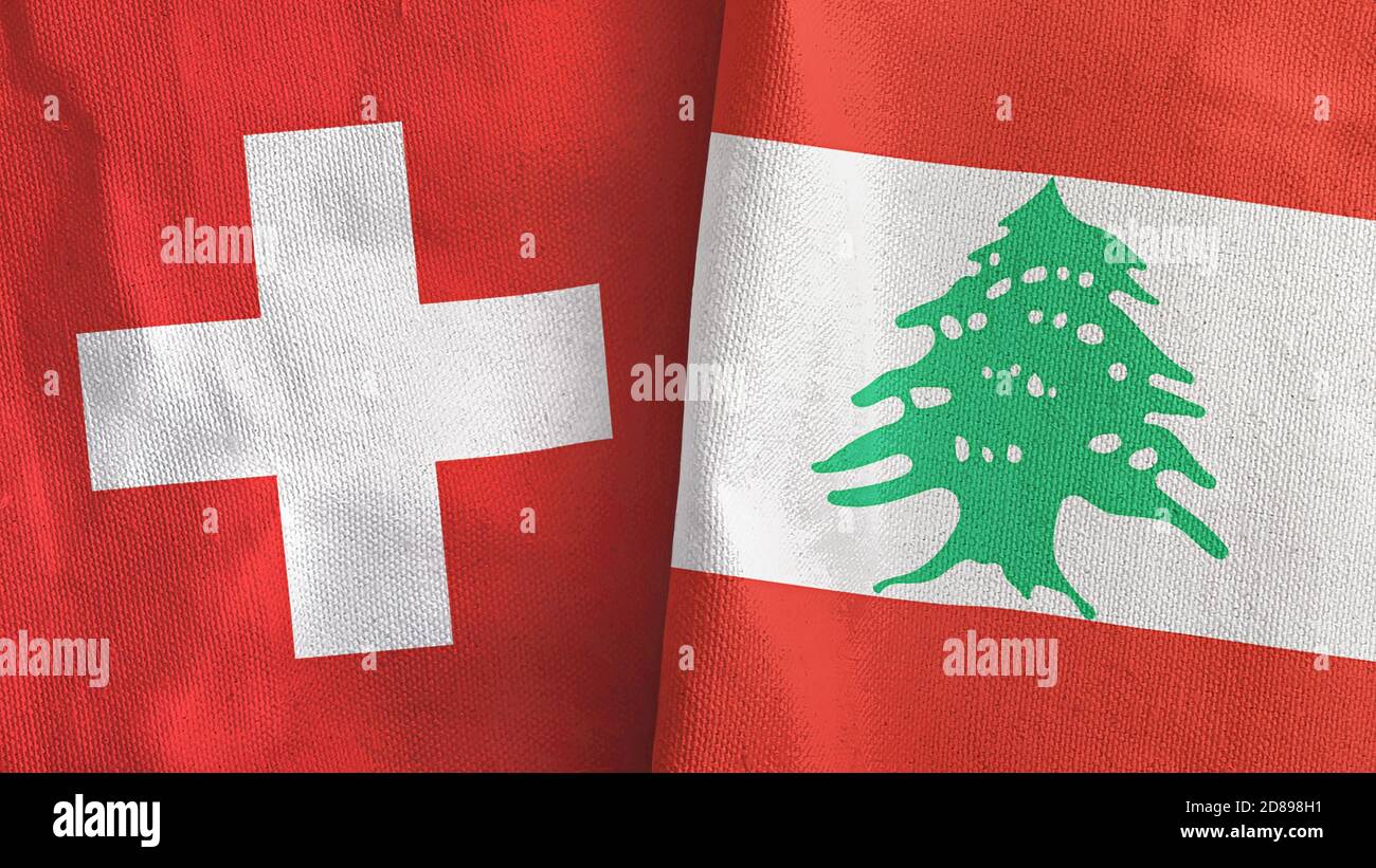 Libanon und Schweiz zwei Flaggen Textil Stoff 3D-Rendering Stockfoto