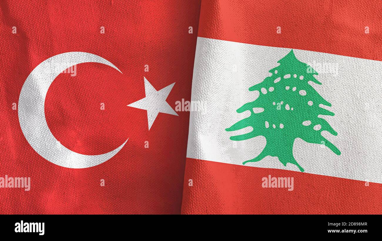 Libanon und Türkei zwei Flaggen Textil Stoff 3D-Rendering Stockfoto