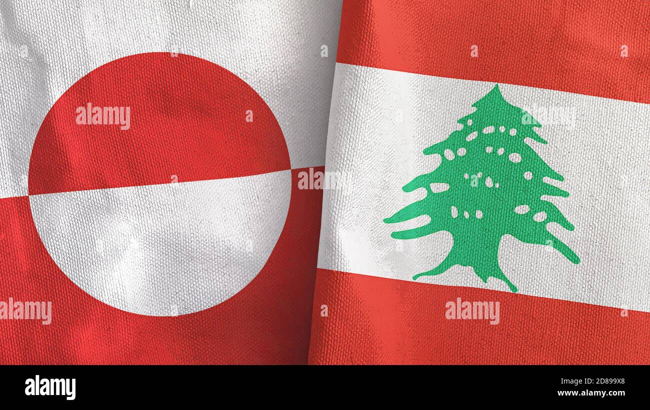 Libanon und Grönland zwei Flaggen Textil Stoff 3D-Rendering Stockfoto