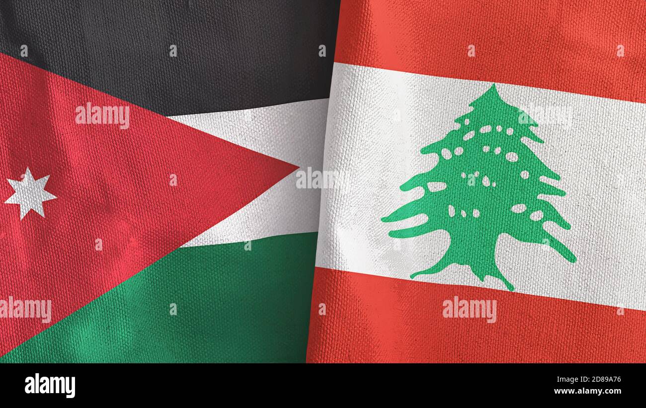 Libanon und Jordanien zwei Flaggen Textil Stoff 3D-Rendering Stockfoto